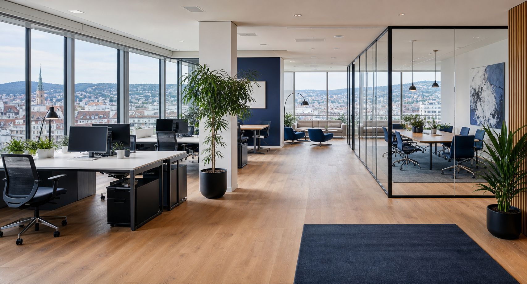 Helle moderne Bürofläche mit Besprechungsraum und Stadtblick.
